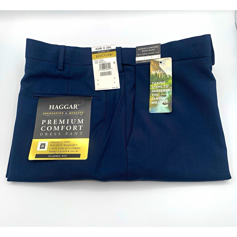 Haggar Premium Comfort Classic Fit Dress Pants 42x29 Blue Stretch Wrinkle Free